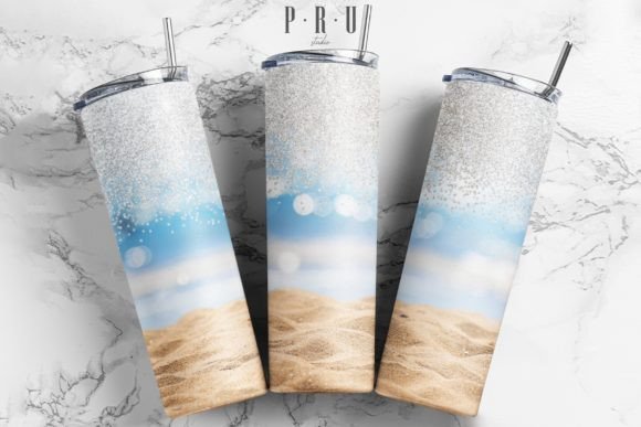 20oz Skinny Tumbler Beach Silver Glitter Graphics